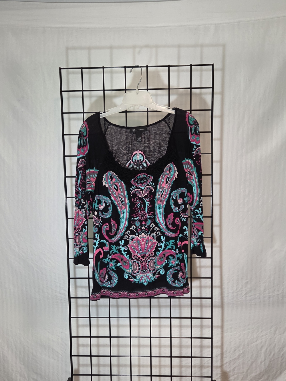 INC International Concepts Black Paisley Print Long Sleeve Tee with Pink & Teal